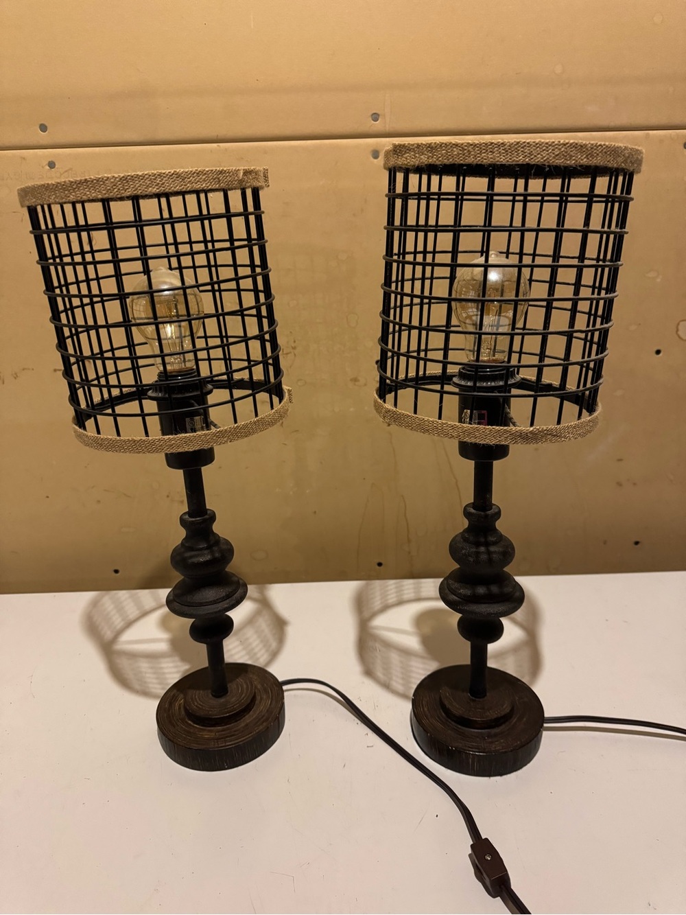 Vintage looking Black Cage Table Lamps with Burlap Trim